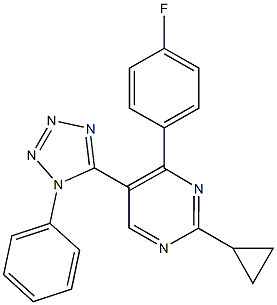 2-cyclopropyl-4-(4-fluorophenyl)-5-(1-phenyl-1H-tetraazol-5-yl)pyrimidine Struktur