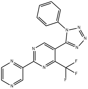 5-(1-phenyl-1H-tetraazol-5-yl)-2-(2-pyrazinyl)-4-(trifluoromethyl)pyrimidine 化学構造式