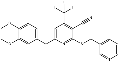 6-(3,4-dimethoxybenzyl)-2-[(3-pyridinylmethyl)sulfanyl]-4-(trifluoromethyl)nicotinonitrile 化学構造式