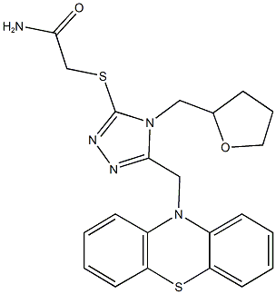2-{[5-(10H-phenothiazin-10-ylmethyl)-4-(tetrahydro-2-furanylmethyl)-4H-1,2,4-triazol-3-yl]sulfanyl}acetamide 化学構造式