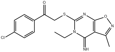 1-(4-chlorophenyl)-2-[(5-ethyl-4-imino-3-methyl-4,5-dihydroisoxazolo[5,4-d]pyrimidin-6-yl)sulfanyl]ethanone Struktur