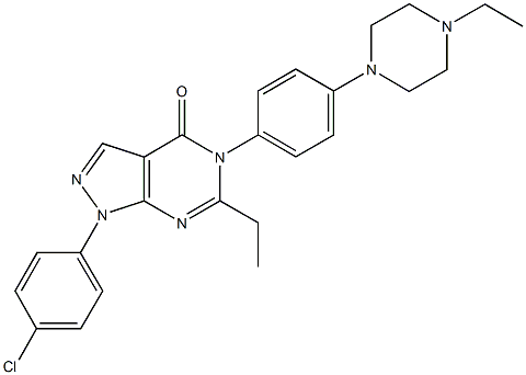 1-(4-chlorophenyl)-6-ethyl-5-[4-(4-ethyl-1-piperazinyl)phenyl]-1,5-dihydro-4H-pyrazolo[3,4-d]pyrimidin-4-one 化学構造式