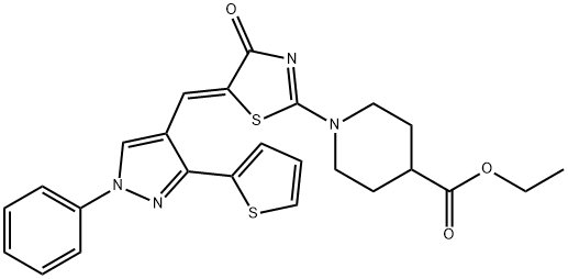 ethyl 1-(4-oxo-5-{[1-phenyl-3-(2-thienyl)-1H-pyrazol-4-yl]methylene}-4,5-dihydro-1,3-thiazol-2-yl)-4-piperidinecarboxylate Struktur