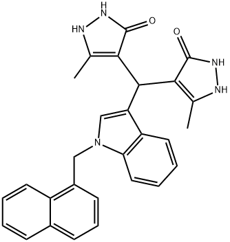 4-{(5-hydroxy-3-methyl-1H-pyrazol-4-yl)[1-(1-naphthylmethyl)-1H-indol-3-yl]methyl}-3-methyl-1H-pyrazol-5-ol 化学構造式