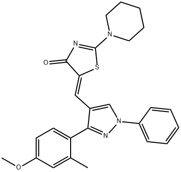 5-{[3-(4-methoxy-2-methylphenyl)-1-phenyl-1H-pyrazol-4-yl]methylene}-2-piperidin-1-yl-1,3-thiazol-4(5H)-one Struktur