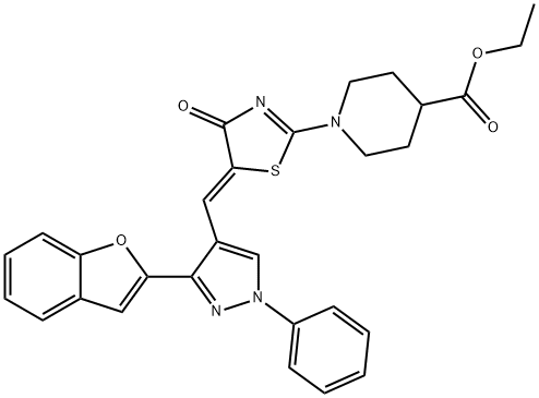 ethyl 1-(5-{[3-(1-benzofuran-2-yl)-1-phenyl-1H-pyrazol-4-yl]methylene}-4-oxo-4,5-dihydro-1,3-thiazol-2-yl)-4-piperidinecarboxylate|