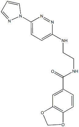 N-(2-{[6-(1H-pyrazol-1-yl)-3-pyridazinyl]amino}ethyl)-1,3-benzodioxole-5-carboxamide 化学構造式