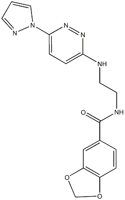 N-(2-{[6-(1H-pyrazol-1-yl)-3-pyridazinyl]amino}ethyl)-1,3-benzodioxole-5-carboxamide 结构式