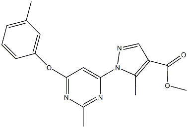 methyl 5-methyl-1-[2-methyl-6-(3-methylphenoxy)-4-pyrimidinyl]-1H-pyrazole-4-carboxylate Struktur
