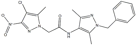 N-(1-benzyl-3,5-dimethyl-1H-pyrazol-4-yl)-2-{4-chloro-3-nitro-5-methyl-1H-pyrazol-1-yl}acetamide Struktur