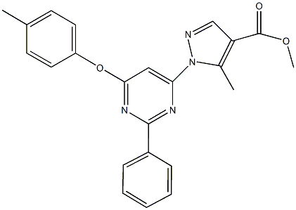 methyl5-methyl-1-[6-(4-methylphenoxy)-2-phenyl-4-pyrimidinyl]-1H-pyrazole-4-carboxylate Struktur