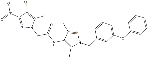 2-{4-chloro-3-nitro-5-methyl-1H-pyrazol-1-yl}-N-[3,5-dimethyl-1-(3-phenoxybenzyl)-1H-pyrazol-4-yl]acetamide Struktur