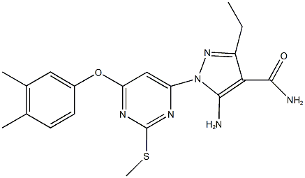 5-amino-1-[6-(3,4-dimethylphenoxy)-2-(methylsulfanyl)-4-pyrimidinyl]-3-ethyl-1H-pyrazole-4-carboxamide Struktur