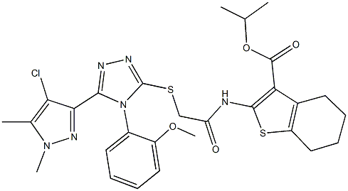isopropyl 2-[({[5-(4-chloro-1,5-dimethyl-1H-pyrazol-3-yl)-4-(2-methoxyphenyl)-4H-1,2,4-triazol-3-yl]sulfanyl}acetyl)amino]-4,5,6,7-tetrahydro-1-benzothiophene-3-carboxylate 化学構造式