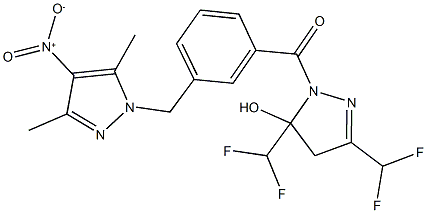 3,5-bis(difluoromethyl)-1-[3-({4-nitro-3,5-dimethyl-1H-pyrazol-1-yl}methyl)benzoyl]-4,5-dihydro-1H-pyrazol-5-ol 化学構造式