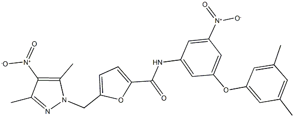 N-{3-(3,5-dimethylphenoxy)-5-nitrophenyl}-5-({4-nitro-3,5-dimethyl-1H-pyrazol-1-yl}methyl)-2-furamide Struktur