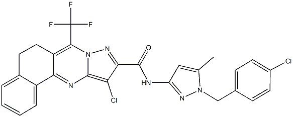 11-chloro-N-[1-(4-chlorobenzyl)-5-methyl-1H-pyrazol-3-yl]-7-(trifluoromethyl)-5,6-dihydrobenzo[h]pyrazolo[5,1-b]quinazoline-10-carboxamide,957493-09-3,结构式