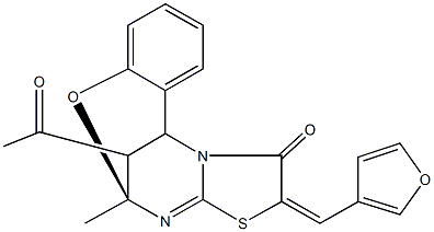 16-acetyl-13-(3-furylmethylene)-9-methyl-8-oxa-12-thia-10,15-diazatetracyclo[7.6.1.0~2,7~.0~11,15~]hexadeca-2,4,6,10-tetraen-14-one Struktur