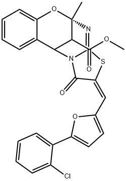 methyl (9S,13E)-13-{[5-(2-chlorophenyl)-2-furyl]methylene}-9-methyl-14-oxo-8-oxa-12-thia-10,15-diazatetracyclo[7.6.1.0~2,7~.0~11,15~]hexadeca-2,4,6,10-tetraene-16-carboxylate Structure