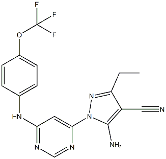 5-amino-3-ethyl-1-{6-[4-(trifluoromethoxy)anilino]-4-pyrimidinyl}-1H-pyrazole-4-carbonitrile,957497-83-5,结构式