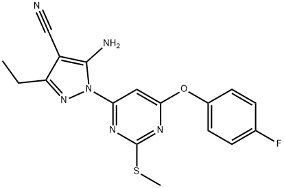 5-amino-3-ethyl-1-[6-(4-fluorophenoxy)-2-(methylsulfanyl)-4-pyrimidinyl]-1H-pyrazole-4-carbonitrile,957512-95-7,结构式