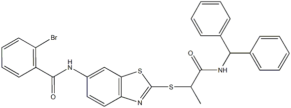 N-(2-{[2-(benzhydrylamino)-1-methyl-2-oxoethyl]sulfanyl}-1,3-benzothiazol-6-yl)-2-bromobenzamide Struktur