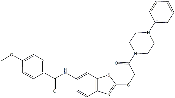 4-methoxy-N-(2-{[2-oxo-2-(4-phenyl-1-piperazinyl)ethyl]sulfanyl}-1,3-benzothiazol-6-yl)benzamide 化学構造式