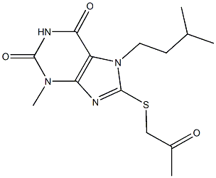 7-isopentyl-3-methyl-8-[(2-oxopropyl)sulfanyl]-3,7-dihydro-1H-purine-2,6-dione,,结构式