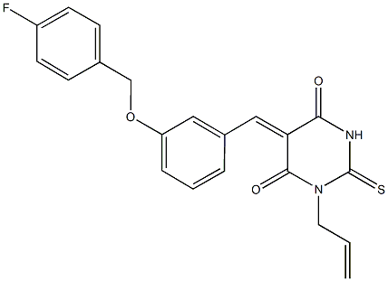 1-allyl-5-{3-[(4-fluorobenzyl)oxy]benzylidene}-2-thioxodihydro-4,6(1H,5H)-pyrimidinedione 结构式