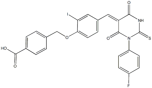 4-({4-[(1-(4-fluorophenyl)-4,6-dioxo-2-thioxotetrahydro-5(2H)-pyrimidinylidene)methyl]-2-iodophenoxy}methyl)benzoic acid Struktur