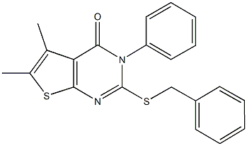 2-(benzylsulfanyl)-5,6-dimethyl-3-phenylthieno[2,3-d]pyrimidin-4(3H)-one Struktur