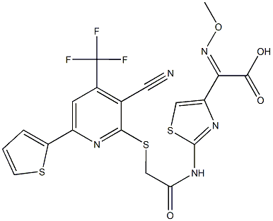 {2-[({[3-cyano-6-thien-2-yl-4-(trifluoromethyl)pyridin-2-yl]sulfanyl}acetyl)amino]-1,3-thiazol-4-yl}(methoxyimino)acetic acid Structure