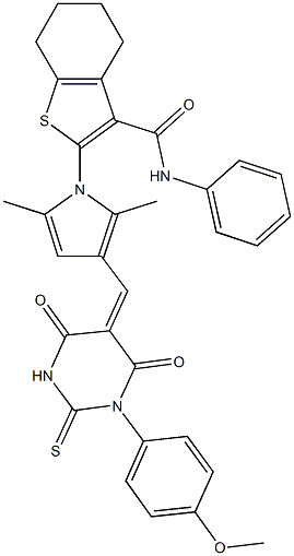 2-{3-[(1-(4-methoxyphenyl)-4,6-dioxo-2-thioxotetrahydro-5(2H)-pyrimidinylidene)methyl]-2,5-dimethyl-1H-pyrrol-1-yl}-N-phenyl-4,5,6,7-tetrahydro-1-benzothiophene-3-carboxamide Structure