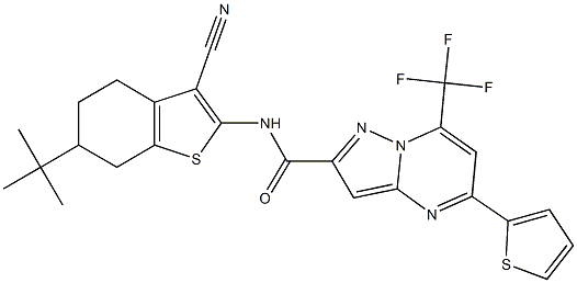 N-(6-tert-butyl-3-cyano-4,5,6,7-tetrahydro-1-benzothien-2-yl)-5-(2-thienyl)-7-(trifluoromethyl)pyrazolo[1,5-a]pyrimidine-2-carboxamide 结构式