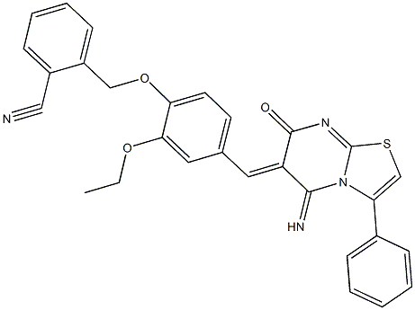 2-({2-ethoxy-4-[(5-imino-7-oxo-3-phenyl-5H-[1,3]thiazolo[3,2-a]pyrimidin-6(7H)-ylidene)methyl]phenoxy}methyl)benzonitrile 化学構造式