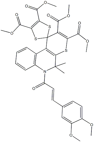 tetramethyl 6'-[3-(3,4-dimethoxyphenyl)acryloyl]-5',5'-dimethyl-5',6'-dihydrospiro[1,3-dithiole-2,1'-(1'H)-thiopyrano[2,3-c]quinoline]-2',3',4,5-tetracarboxylate Structure