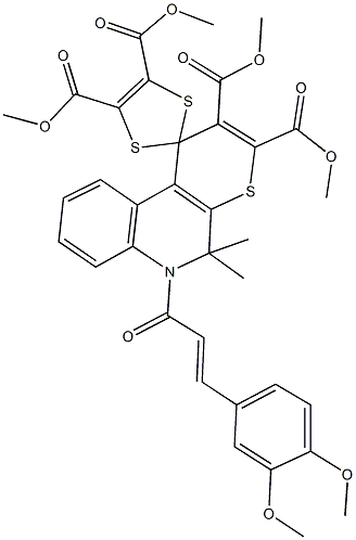 tetramethyl 6'-[3-(3,4-dimethoxyphenyl)acryloyl]-5',5'-dimethyl-5',6'-dihydrospiro[1,3-dithiole-2,1'-(1'H)-thiopyrano[2,3-c]quinoline]-2',3',4,5-tetracarboxylate 结构式