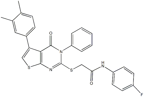 2-{[5-(3,4-dimethylphenyl)-4-oxo-3-phenyl-3,4-dihydrothieno[2,3-d]pyrimidin-2-yl]sulfanyl}-N-(4-fluorophenyl)acetamide 结构式