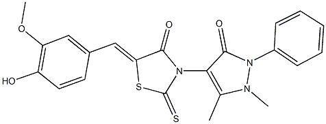 3-(1,5-dimethyl-3-oxo-2-phenyl-2,3-dihydro-1H-pyrazol-4-yl)-5-(4-hydroxy-3-methoxybenzylidene)-2-thioxo-1,3-thiazolidin-4-one Struktur