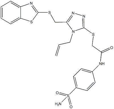 2-({4-allyl-5-[(1,3-benzothiazol-2-ylsulfanyl)methyl]-4H-1,2,4-triazol-3-yl}sulfanyl)-N-[4-(aminosulfonyl)phenyl]acetamide 化学構造式