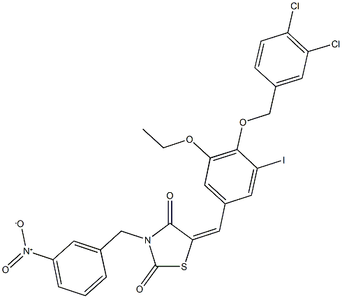5-{4-[(3,4-dichlorobenzyl)oxy]-3-ethoxy-5-iodobenzylidene}-3-{3-nitrobenzyl}-1,3-thiazolidine-2,4-dione Struktur