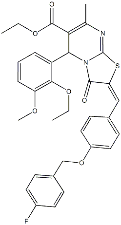 ethyl 5-(2-ethoxy-3-methoxyphenyl)-2-{4-[(4-fluorobenzyl)oxy]benzylidene}-7-methyl-3-oxo-2,3-dihydro-5H-[1,3]thiazolo[3,2-a]pyrimidine-6-carboxylate 化学構造式
