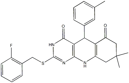 2-[(2-fluorobenzyl)sulfanyl]-8,8-dimethyl-5-(3-methylphenyl)-5,8,9,10-tetrahydropyrimido[4,5-b]quinoline-4,6(3H,7H)-dione,,结构式