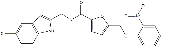 N-[(5-chloro-1H-indol-2-yl)methyl]-5-({2-nitro-4-methylphenoxy}methyl)-2-furamide 化学構造式