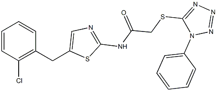 N-[5-(2-chlorobenzyl)-1,3-thiazol-2-yl]-2-[(1-phenyl-1H-tetraazol-5-yl)sulfanyl]acetamide,,结构式