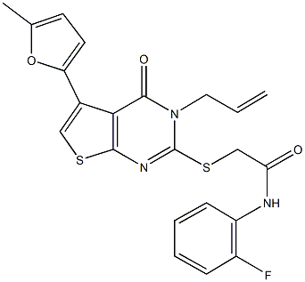 2-{[3-allyl-5-(5-methyl-2-furyl)-4-oxo-3,4-dihydrothieno[2,3-d]pyrimidin-2-yl]sulfanyl}-N-(2-fluorophenyl)acetamide,,结构式