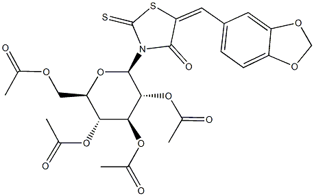 3,5-bis(acetyloxy)-2-[(acetyloxy)methyl]-6-[5-(1,3-benzodioxol-5-ylmethylene)-4-oxo-2-thioxo-1,3-thiazolidin-3-yl]tetrahydro-2H-pyran-4-yl acetate Struktur