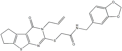 2-[(3-allyl-4-oxo-3,5,6,7-tetrahydro-4H-cyclopenta[4,5]thieno[2,3-d]pyrimidin-2-yl)sulfanyl]-N-(1,3-benzodioxol-5-ylmethyl)acetamide Struktur
