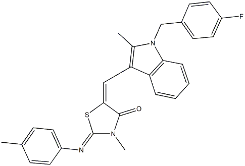 5-{[1-(4-fluorobenzyl)-2-methyl-1H-indol-3-yl]methylene}-3-methyl-2-[(4-methylphenyl)imino]-1,3-thiazolidin-4-one,,结构式