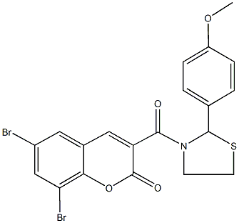 6,8-dibromo-3-{[2-(4-methoxyphenyl)-1,3-thiazolidin-3-yl]carbonyl}-2H-chromen-2-one,,结构式